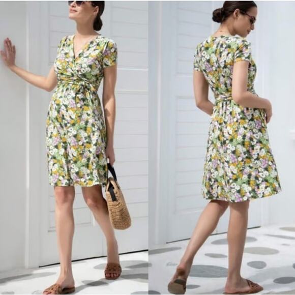 Seraphine Womens Maternity Nursing Dress XL Green Retro Floral V Neck Stretch - Picture 1 of 9